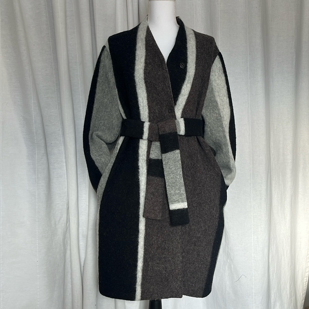 FALLA of Finland Bold Striped Wool Wrap Coat in heathered gray. NWT Medium